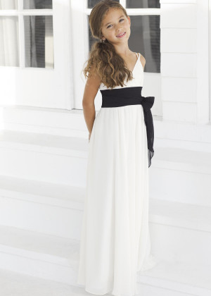 Double Straps Ivory Chiffon Junior Bridesmaid Dress With Black Sash